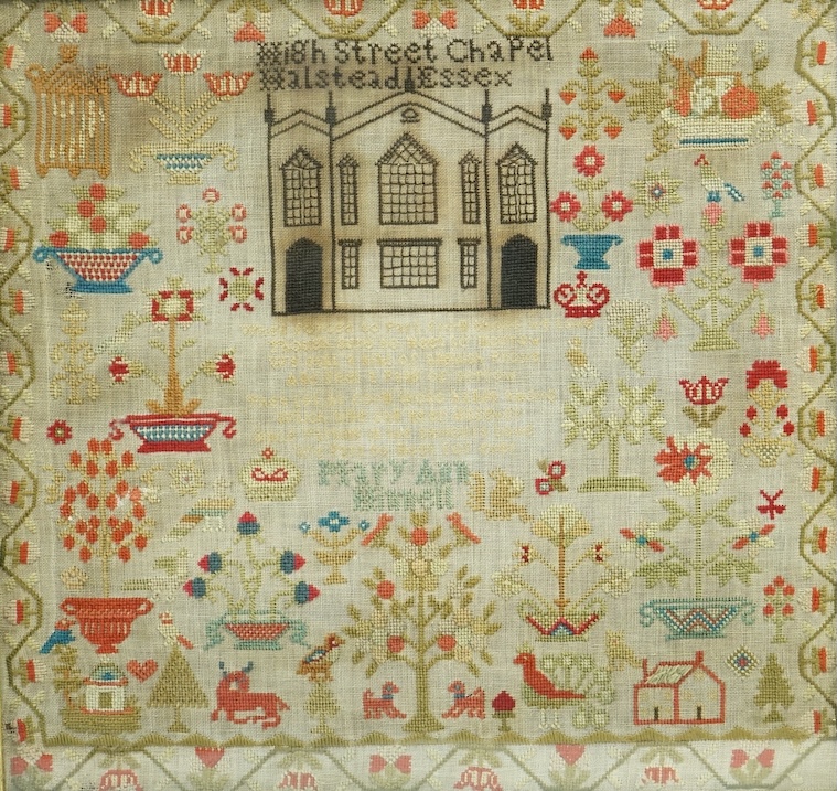 Two Victorian samplers. One ornately worked by Mary Keyte dated 1839 with butterflies, deer, dogs, birds, trees and flowers, the other by Mary A Winnell, (undated), worked with a large motif of High Street Chapel Halstea